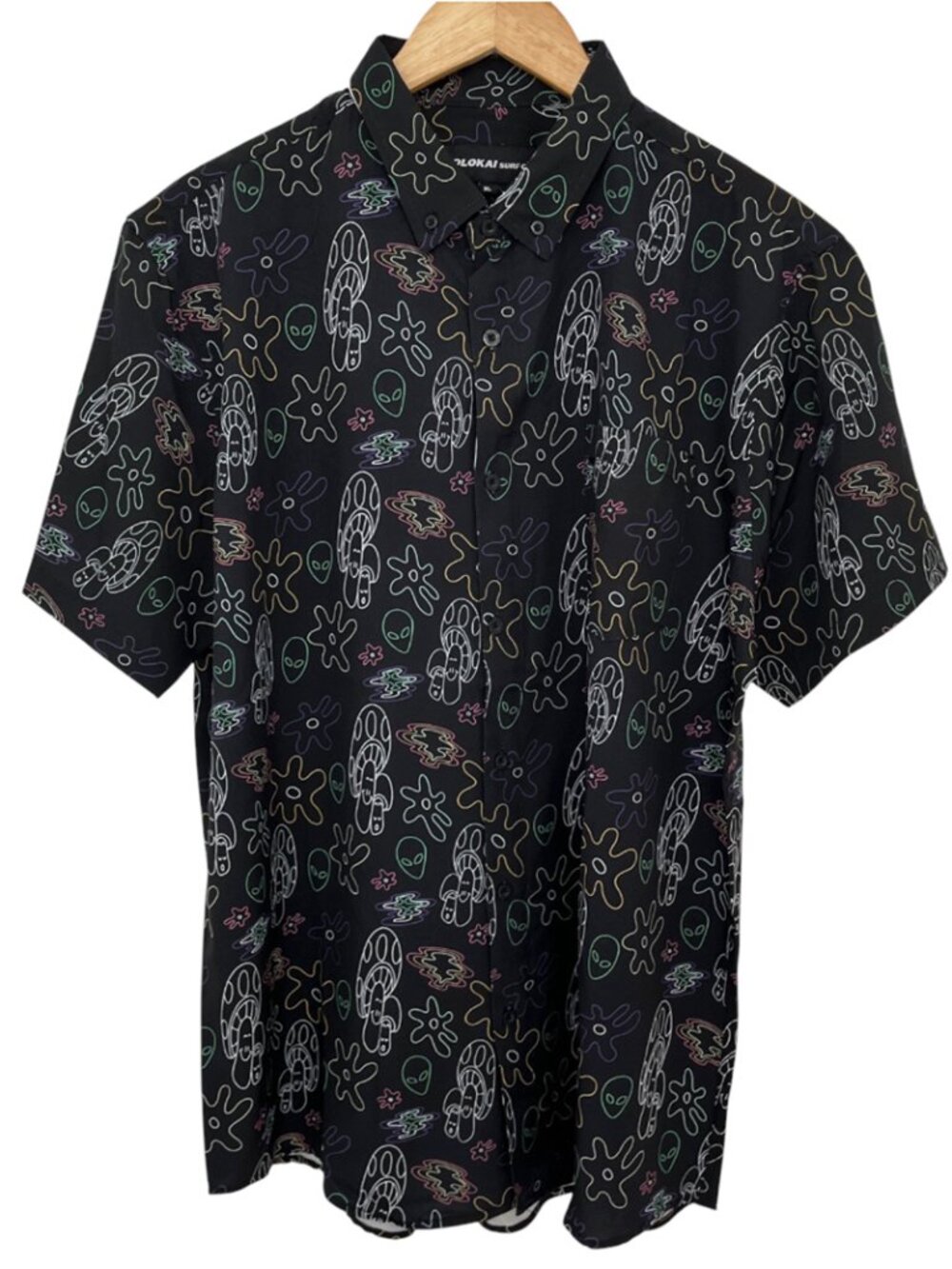 Men's Alien Mushroom Print Short Sleeve Button Up Shirt XL NWT